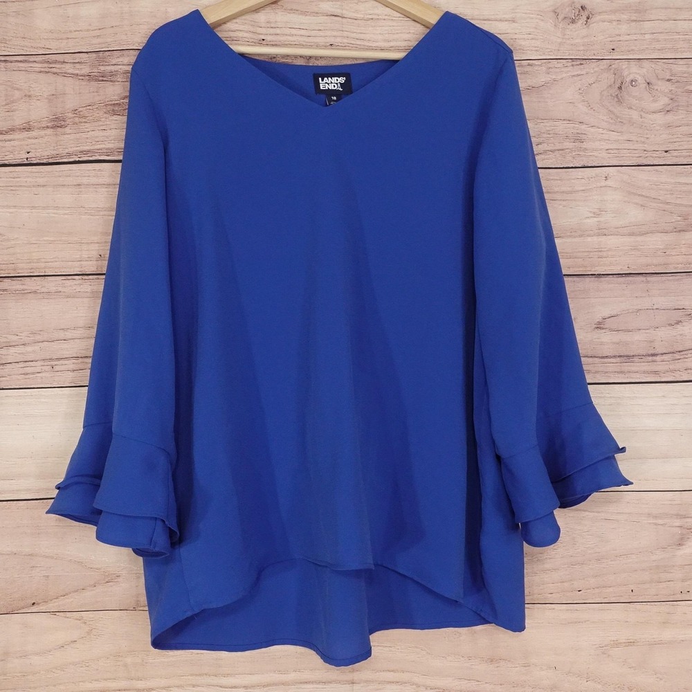 Lands' End Blouse Womens 18 Blue V-Neck Long Sleeve Ruffle Tunic Chiffon Top